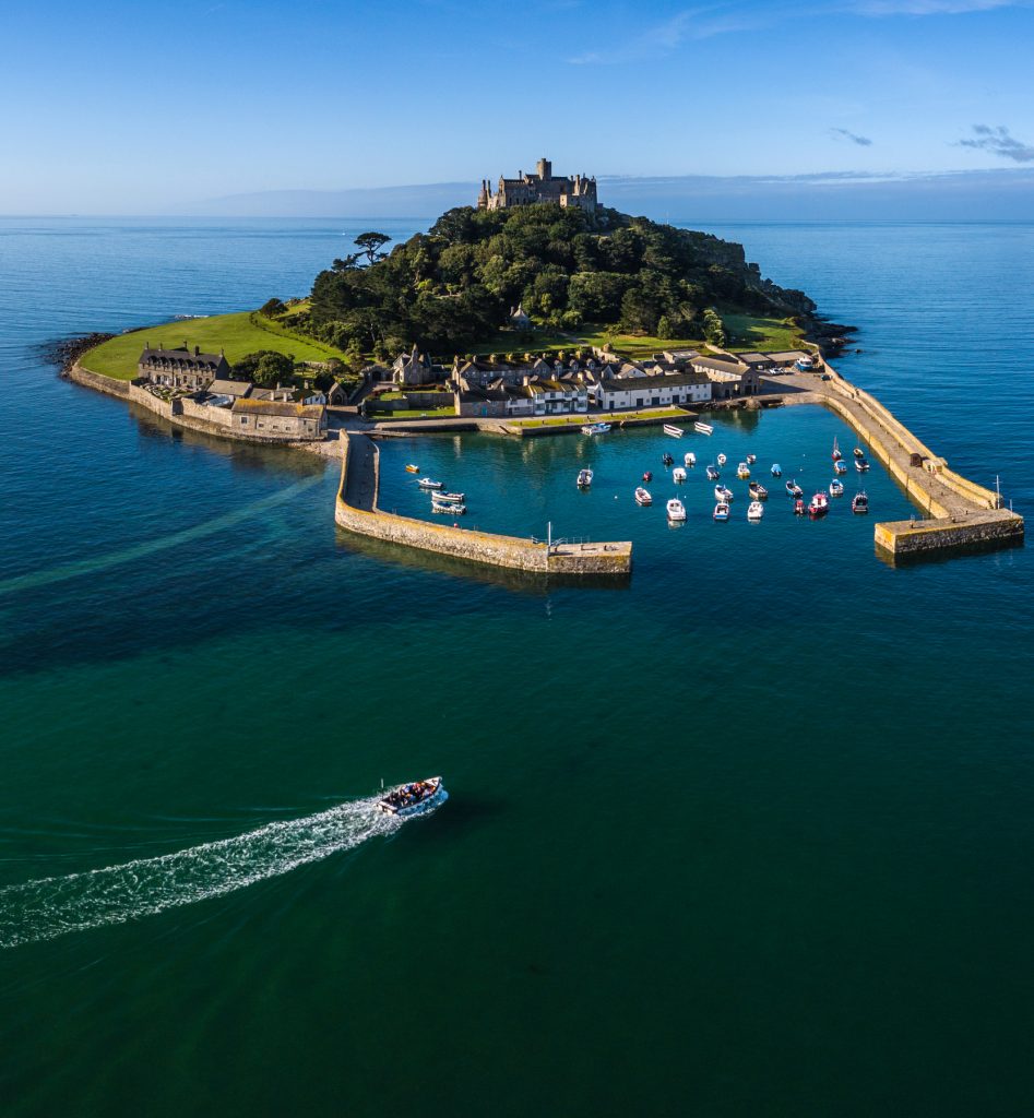 Cornwall St. Michaels Mount summer sunrise panorama UK.