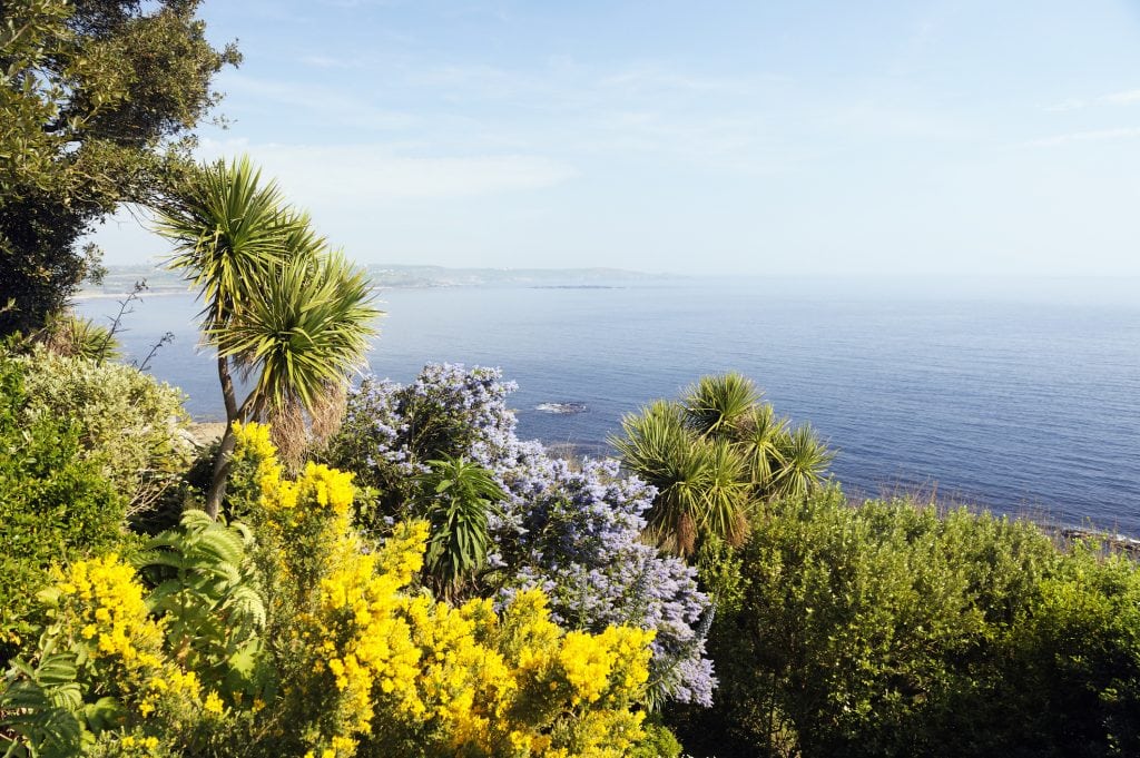 Colorful garden on St. Michaels Mount above the atlantic ocean. Marazion, Cornwall, UK.