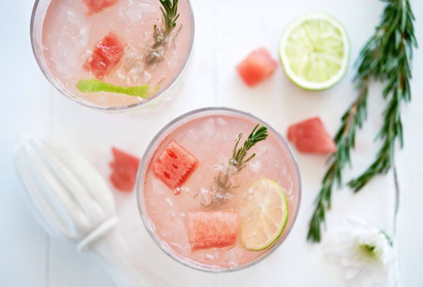 A view of two gin and tonics from above.