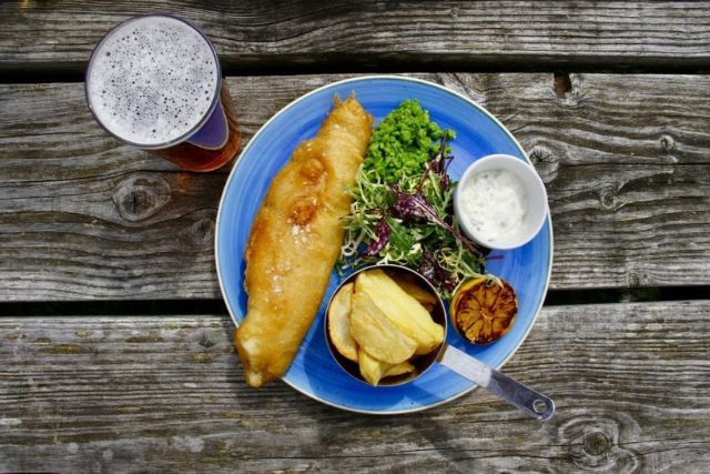 Fish and chips with a pint.