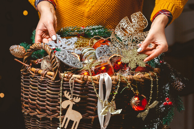 basket of christmas decorations.