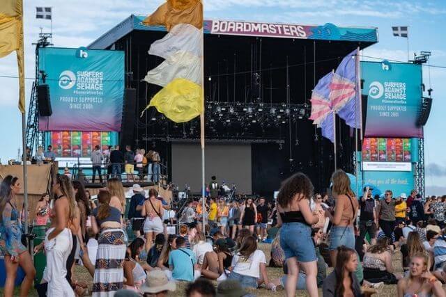 View of the main stage at Boardmasters, a Cornwall festival at Watergate Bay, Newquay.