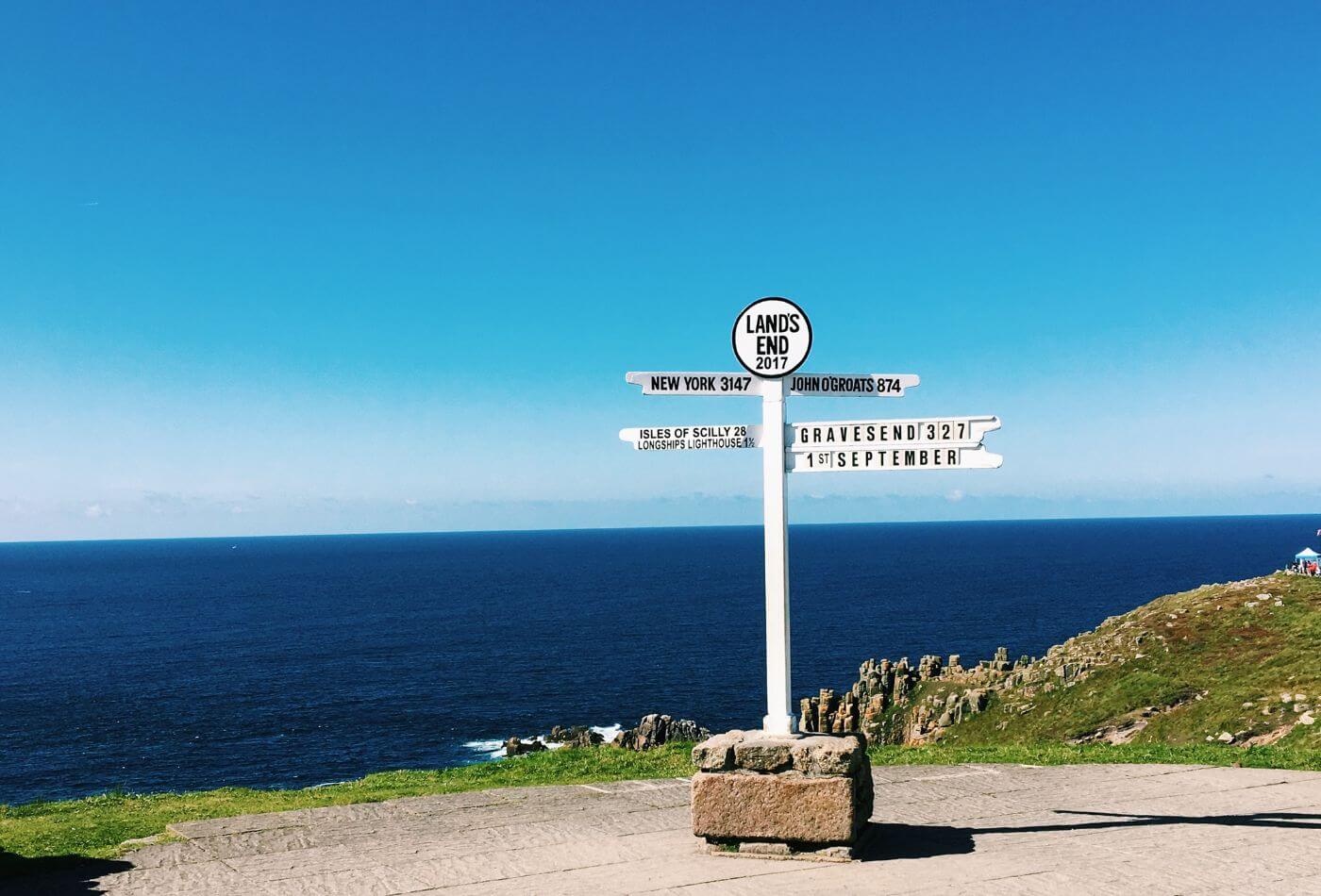 The Land's End Signpost with the ocean in the background.